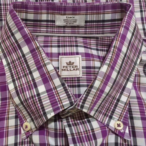 Peter Millar long sleeve button down plaid lavender cotton shirt size L - Picture 6 of 12